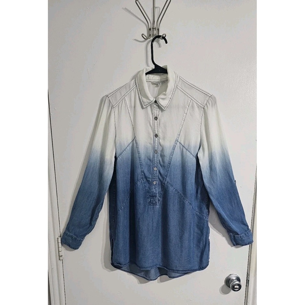 John Mark Chambray Two Tone Tunic Top‎ Small Blue White Roll Tab Sleeves Coastal